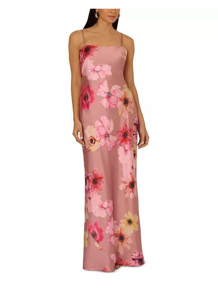 Adrianna Papell Printed Sateen Gown Floral Pink Sz 6 Nwt Prom Open Back Slip